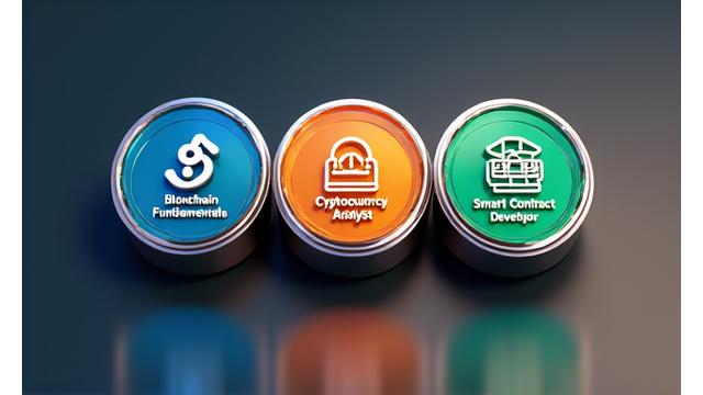 A collection of sleek, metallic-style certification badges for 'Certified Blockchain Fundamentals', 'Certified Smart Contract Developer', and 'Certified DeFi Specialist'