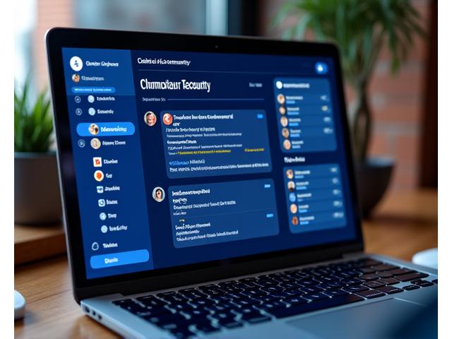 Screenshot of a modern online community platform with forums, group discussions, and event listings, dark theme