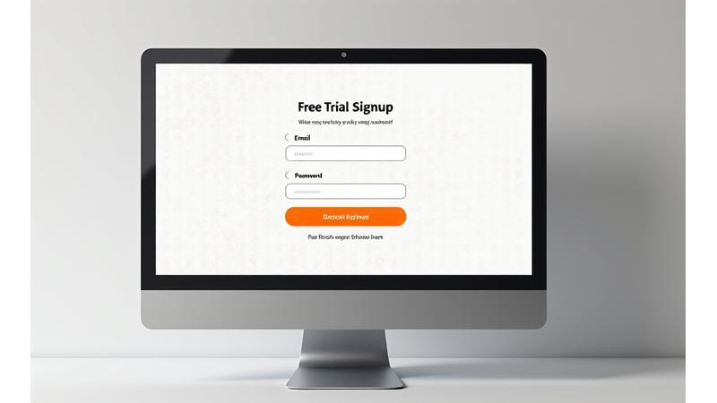A modern, clean web form for free trial signup with fields for email and password, on a desktop computer screen