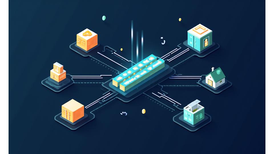 Infographic showing various industries with blockchain icons connecting them, such as a shipping container for supply chain, a secure vault for digital identity, and a medical cross for healthcare
