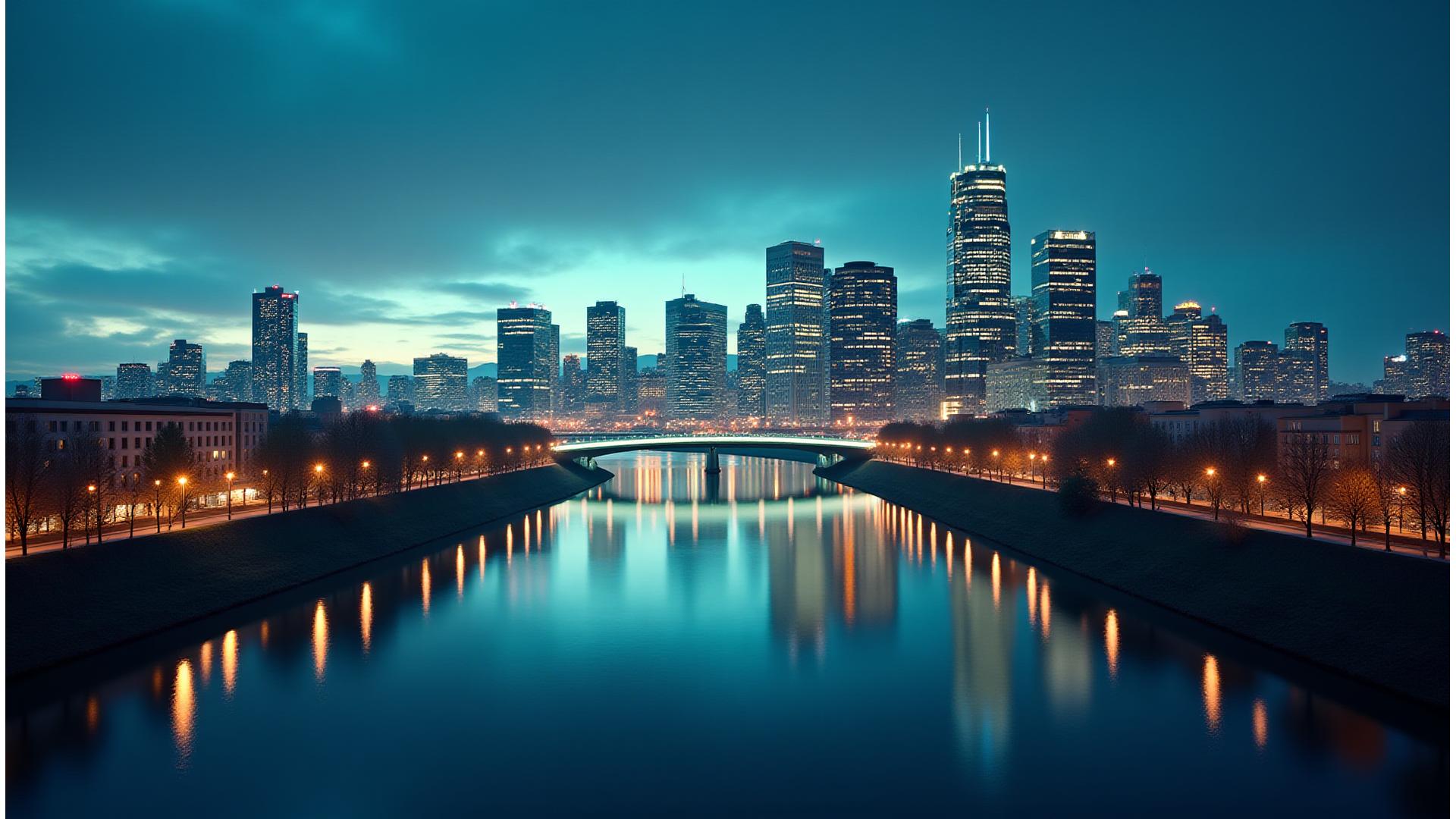 Portland cityscape at dusk with modern buildings and a river, subtly abstract with glowing blue and green digital overlays.