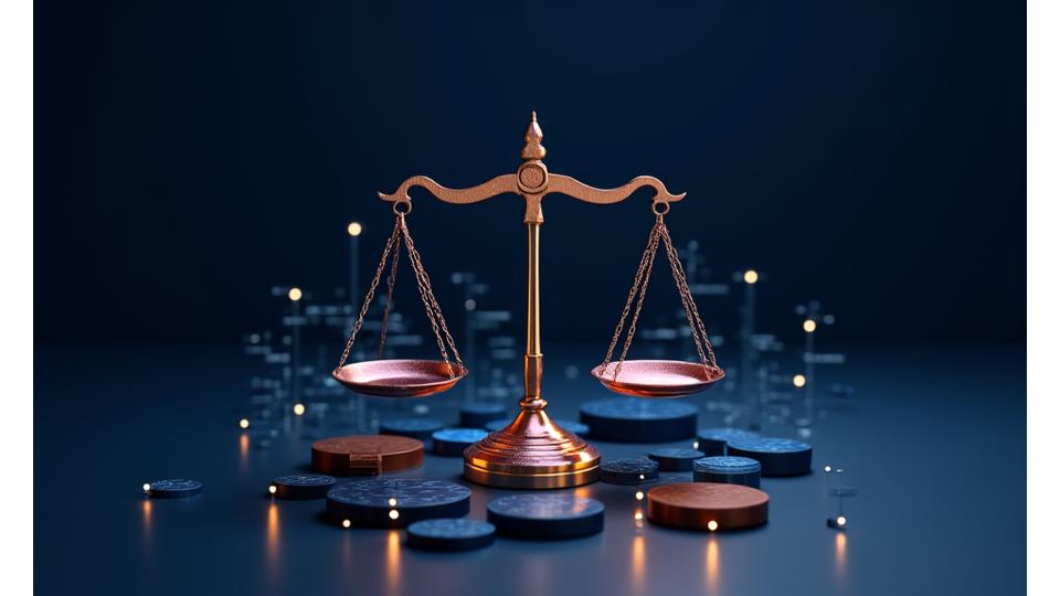 Modern, abstract depiction of balanced scales of justice combined with digital graphs and data points, reflecting legal and financial resolution.