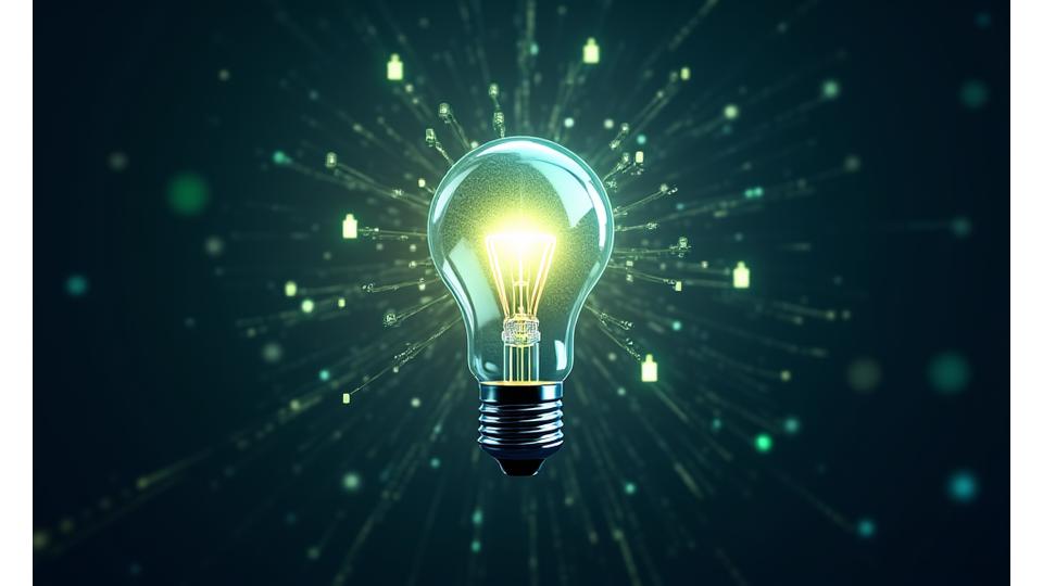 Stylized glowing lightbulb intertwined with abstract digital pathways, symbolizing innovation and protected ideas.