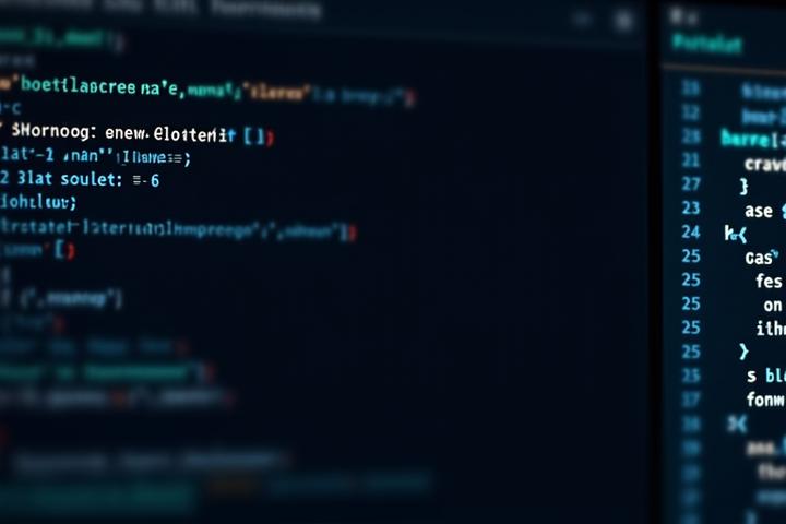 Screenshot of a sleek code editor interface displaying Solidity smart contract code, with a simulated blockchain explorer showing transaction details and gas fees in a dark UI theme.