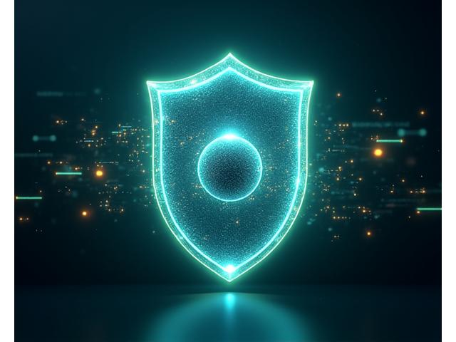 Abstract glowing digital shield representing data protection, with interconnected nodes and lines signifying secure data flow, set against a dark, futuristic background