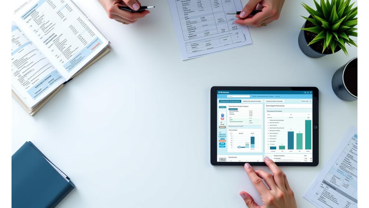 Stack of professional financial reports and tax documents, including Form 8949 and Schedule D, next to a detailed digital interface demonstrating custom report building.